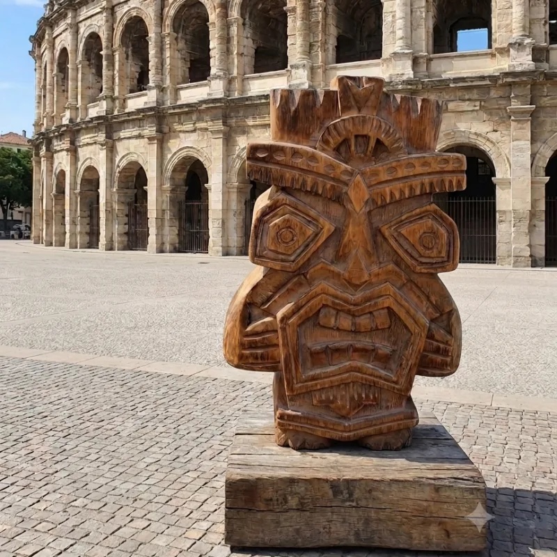 Mascotte totem en bois de Totem devant les arènes romaines de Nîmes, dans le Gard