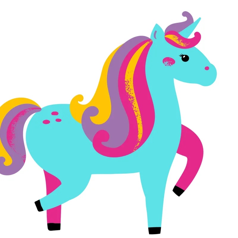 Isorne la licorne, mascotte du kit Polychromia : illustration d'une licorne bleue à la crinière arc-en-ciel